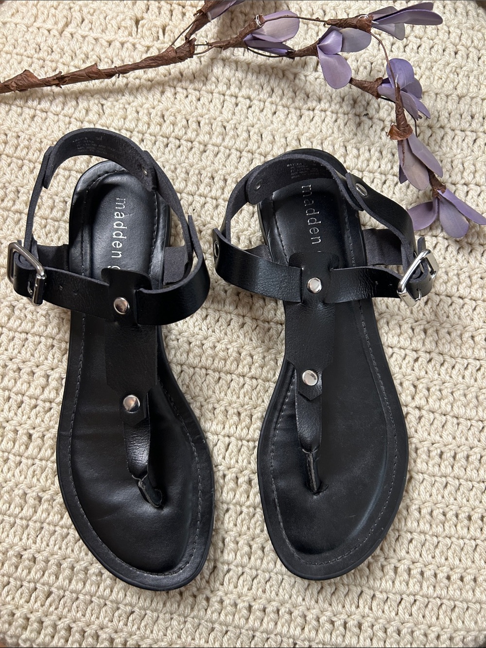 Madden Girl Black T-Strap Thong Sandals with Silver Hardware